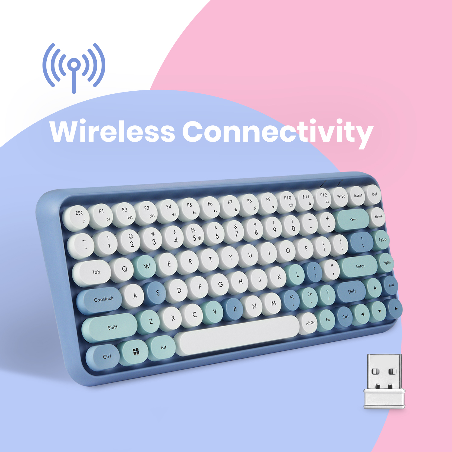 Perixx PERIDUO-713BL Wireless Mini Keyboard and Mouse Combo - Retro Round Key Caps - Pastel Blue - US English Layout (11909)